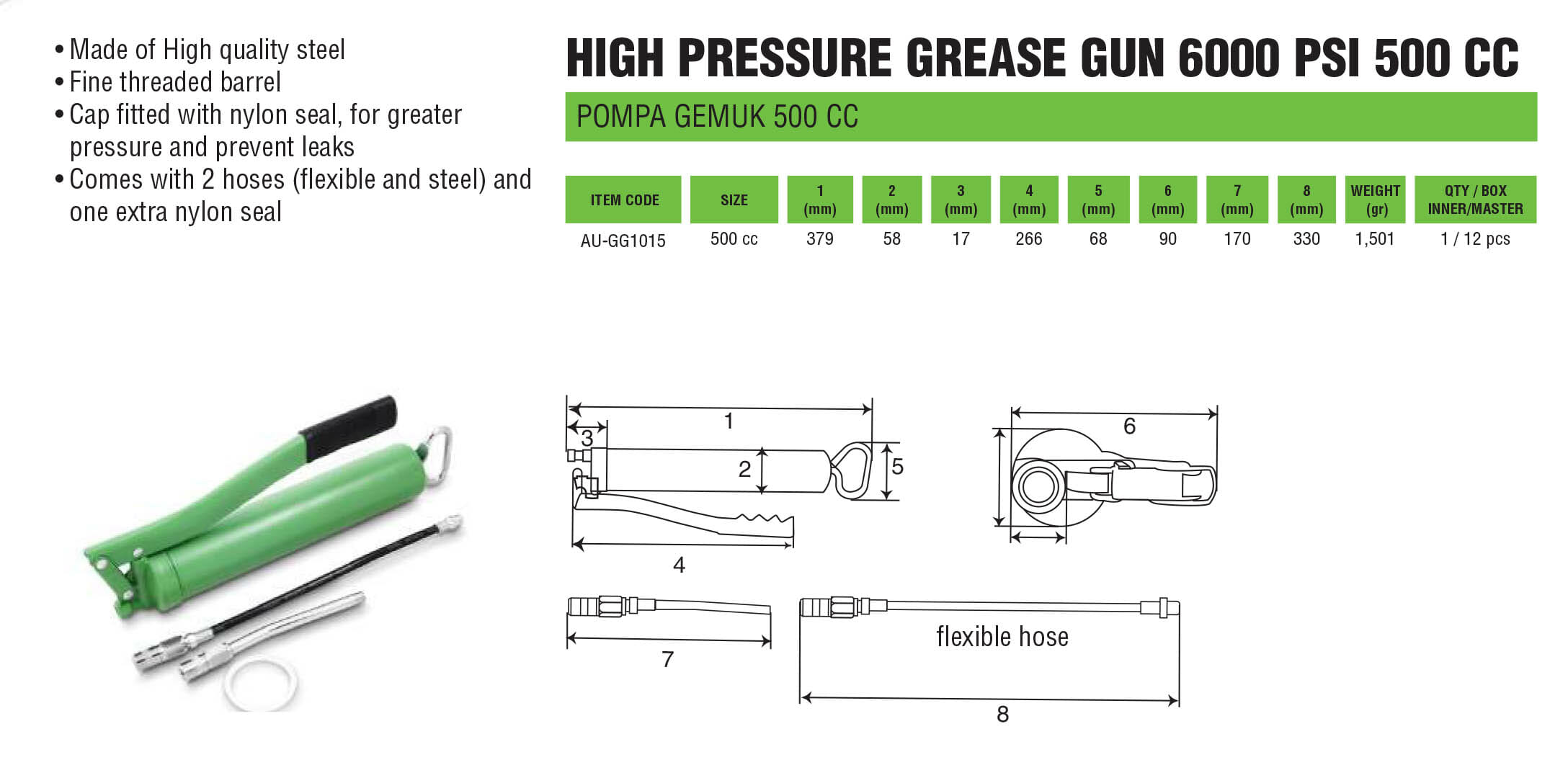 Kyoto Machine Tools (KTC) Grease Gun G500 - Manual Grease Gun For Lubrication